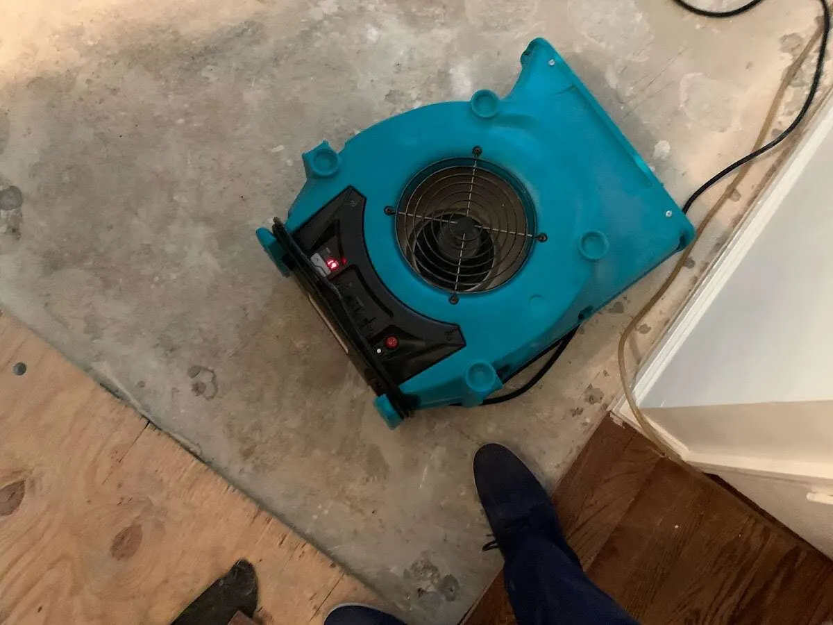 Air mover drying subfloor during Leak Detection & Repair in La Palma